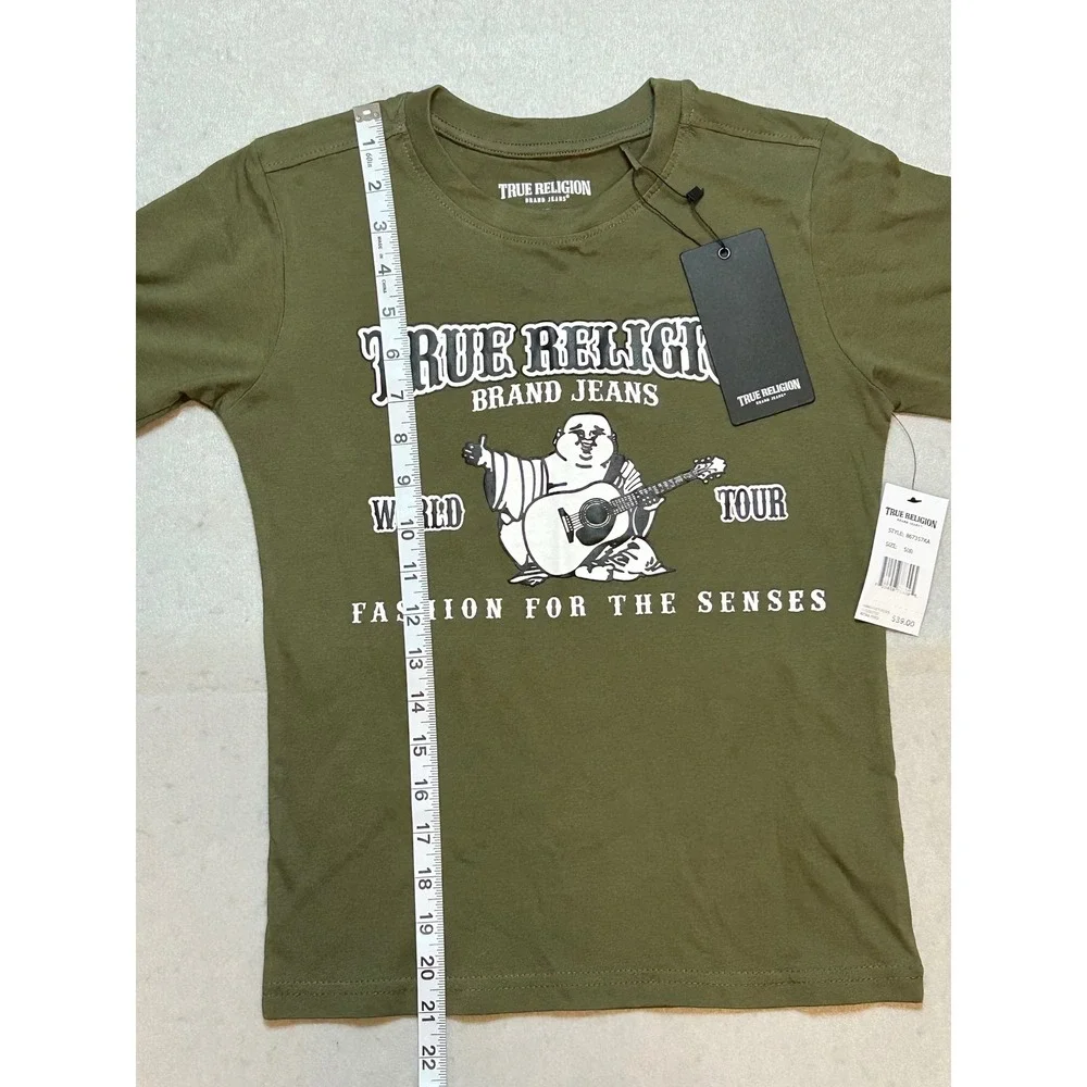 True Religion Boys Olive Green Buddha World Tour Graphic T-Shirt Size S 8 NWT